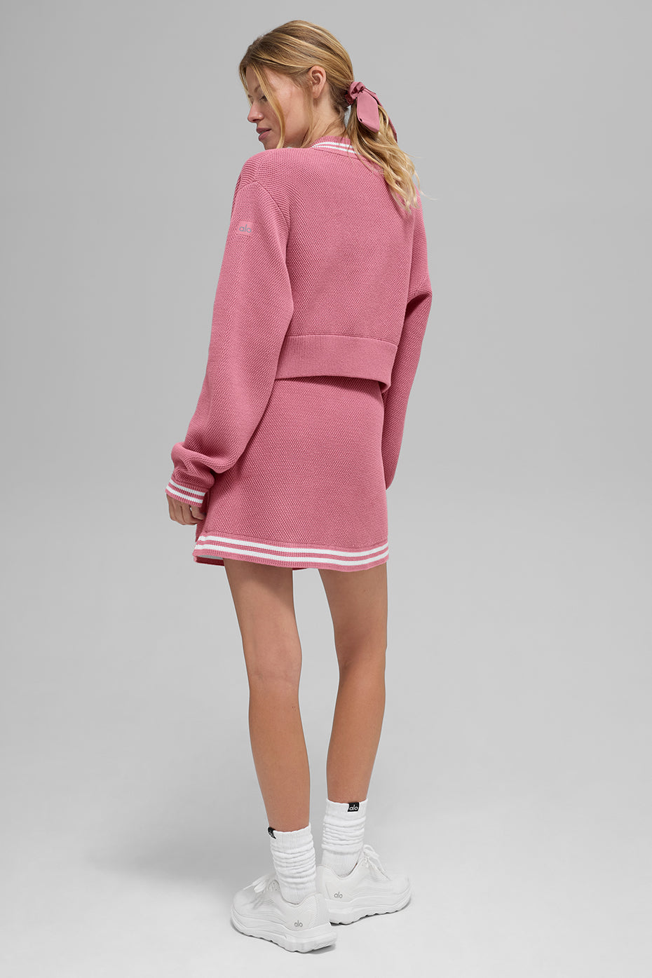 Tennis Club Sweater Knit Full Zip Jacket - Pink Wild Rose/White